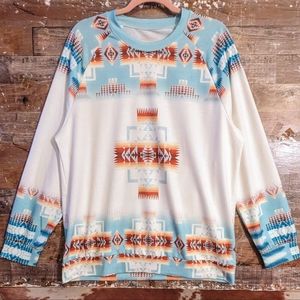 White/Light Blue Boho Western Aztec Drop Shoulder Sweatshirt